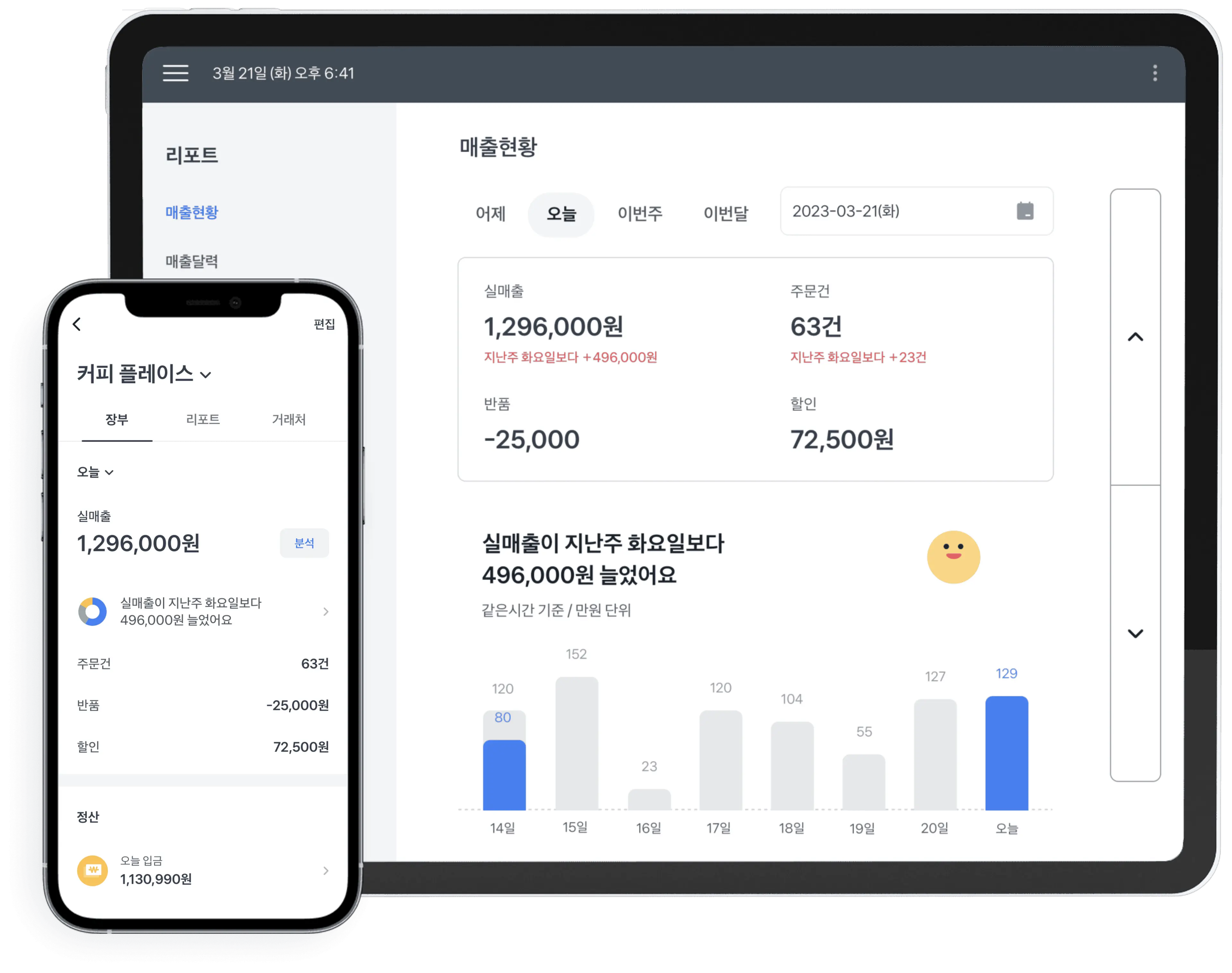 토스 POS 일자별 매출 확인 화면